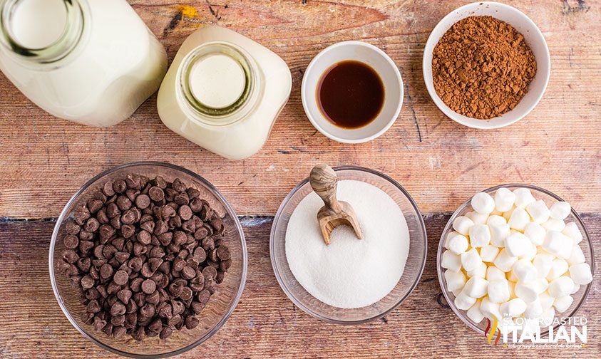 overhead: measured ingredients to make hot cocoa in slow cooker