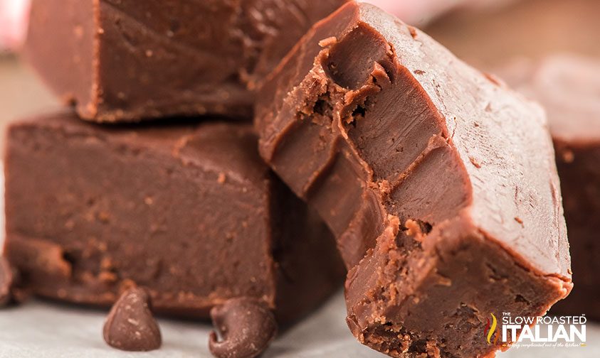 fudge squares stacked with one half eaten