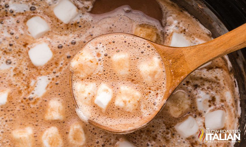 ladleful of hot chocolate with marshmallows in crockpot
