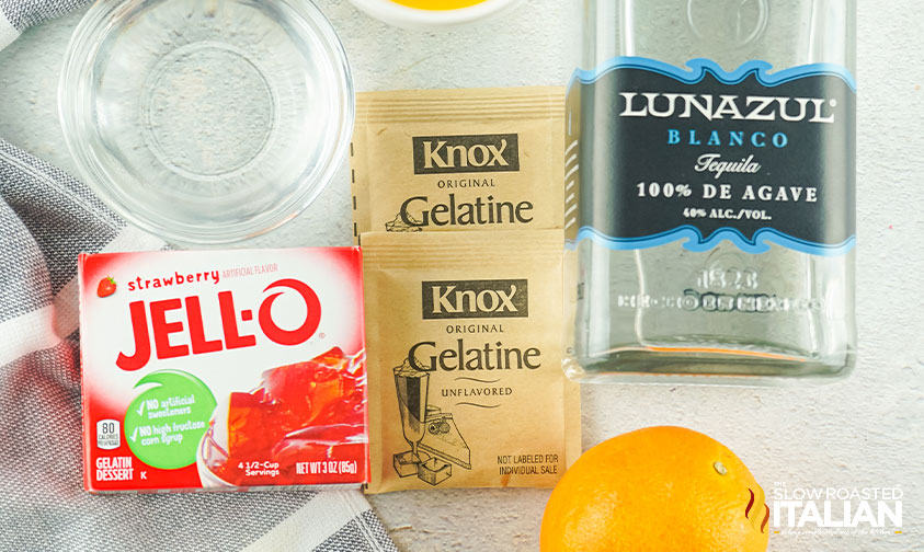 ingredients to make tequila sunrise jello shots