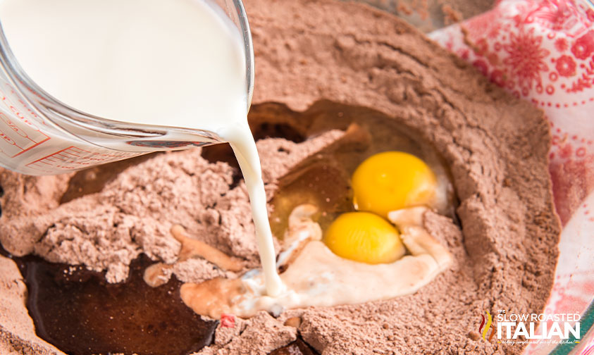 adding milk to cake batter