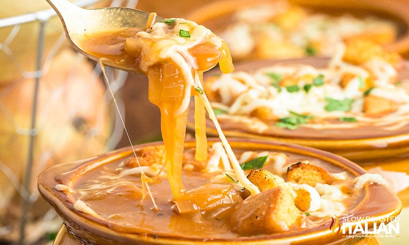 closeup of Panera French Onion Soup