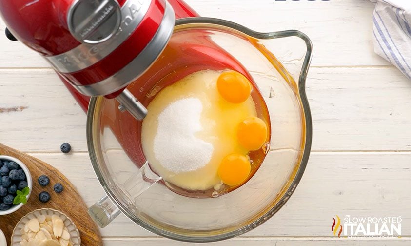 eggs and sugar in stand mixer bowl