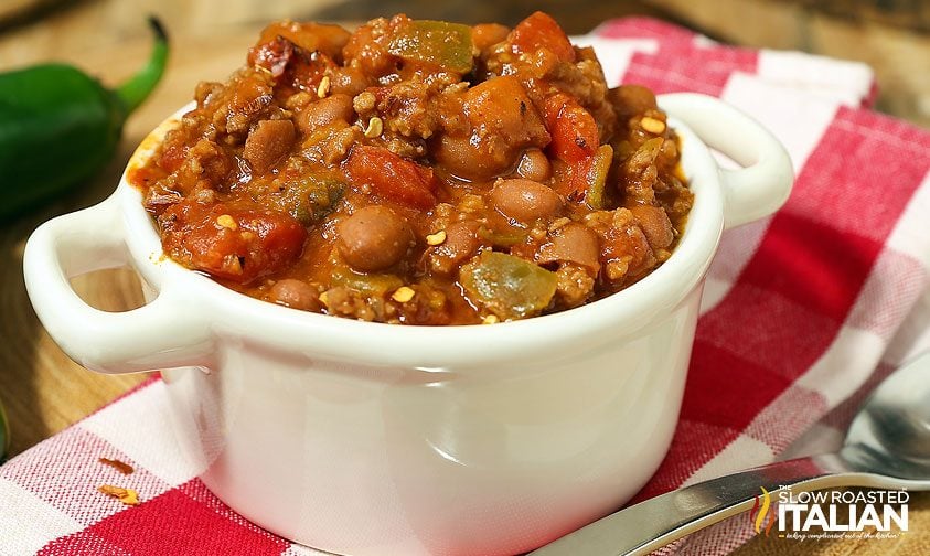 small handled bowl of 5 ingredient chili
