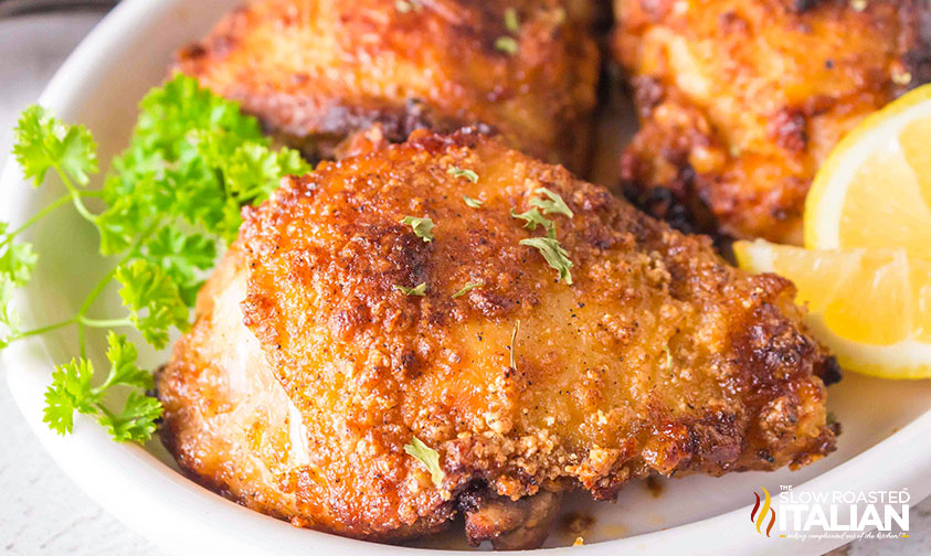 closeup of air fryer chicken thighs