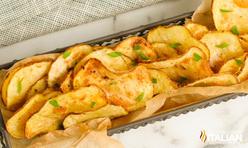 basket of air fryer potato chips - top view