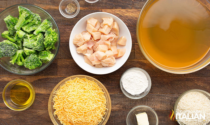 ingredients for Cheesy Chicken Broccoli Soup with Rice