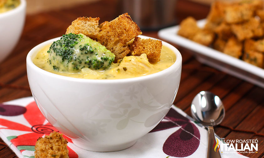 closeup of Cheesy Chicken Broccoli Soup with Rice