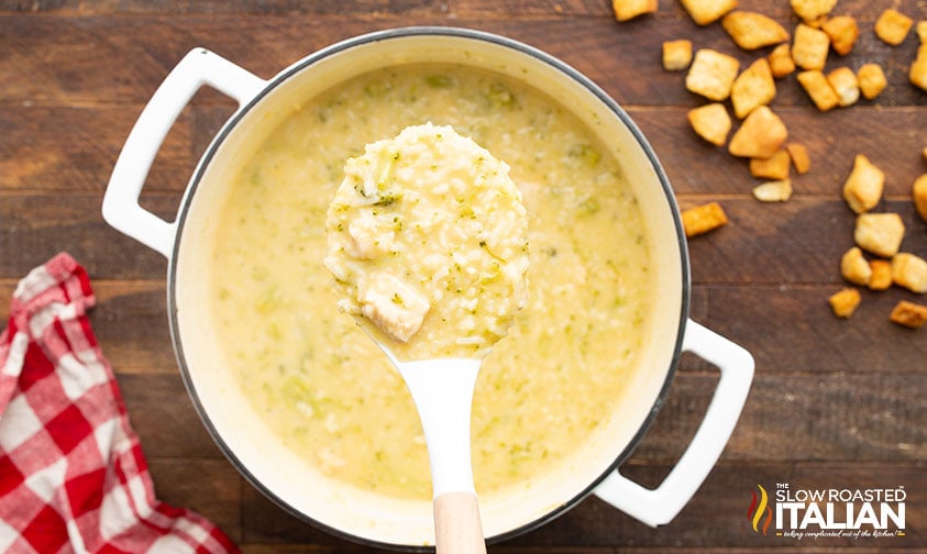 Cheesy Chicken Broccoli Soup with Rice in a pot