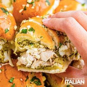 hand holding a chicken pesto slider