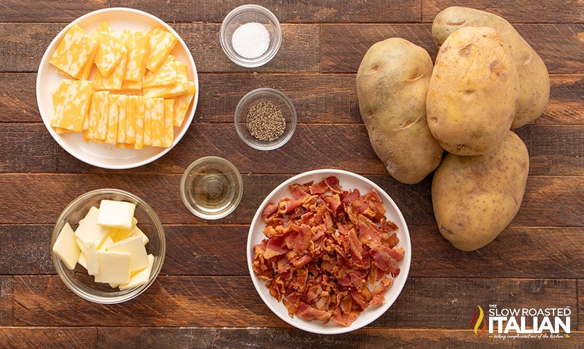 ingredients for crispy bacon cheddar hasselback potatoes