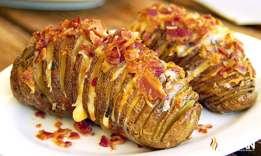 closeup of bacon cheddar hasselback potatoes