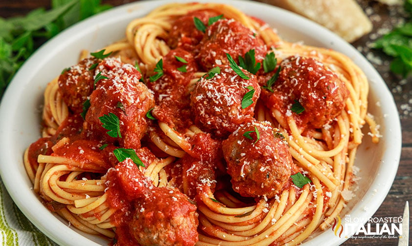 bowl of crock pot spaghetti with meatballs