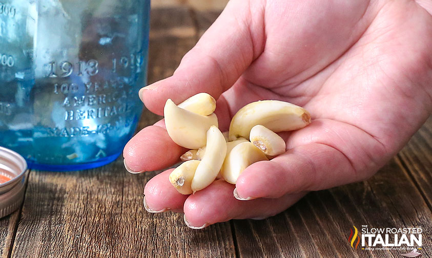 peeled garlic in hand