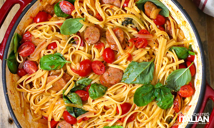 closeup of one pot cheesy sausage and pasta in a pot