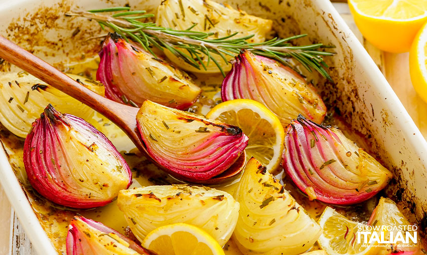 roasted onions in baking dish