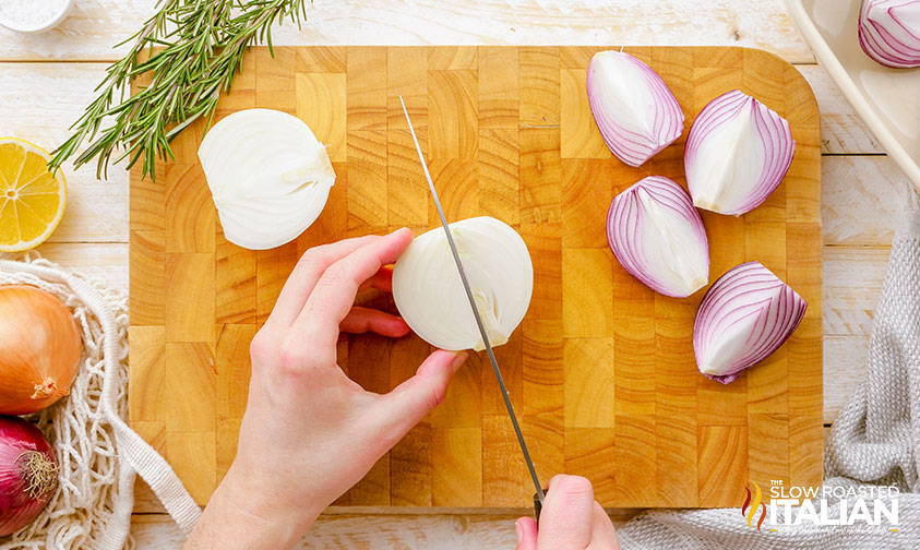 slicing onions for roasting