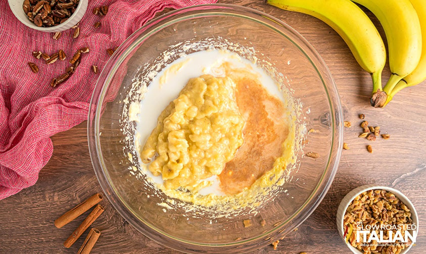 ingredients for starbucks banana bread in a mixing bowl