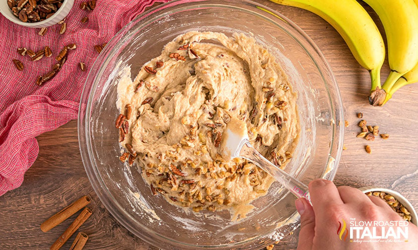 mixed banana bread batter in a mixing bowl