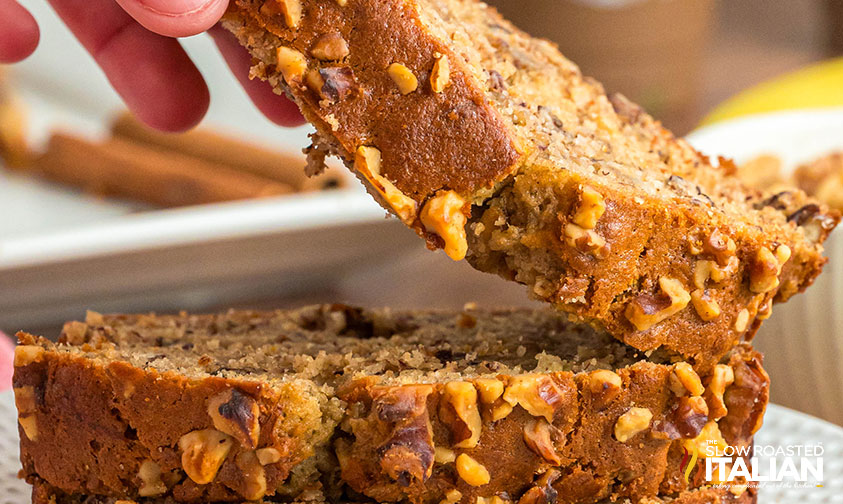 closeup of 2 slices of starbucks banana bread