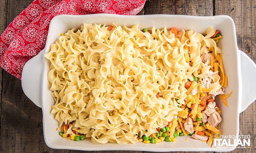 egg noodles, chicken, and veggies in casserole dish