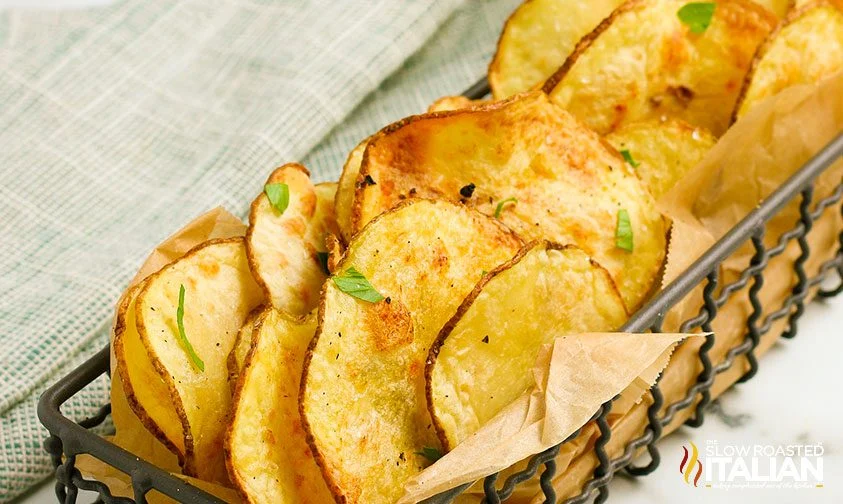 narrow basket of air fryer potato chips