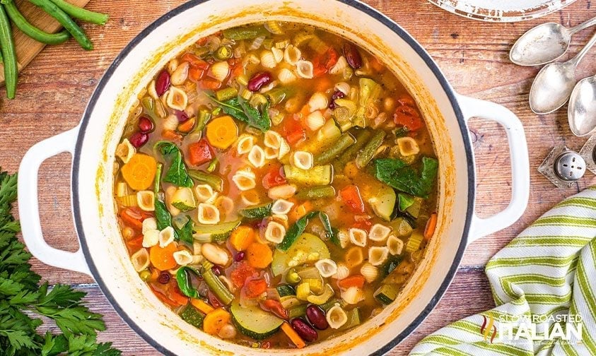 overhead: minestrone soup in dutch oven