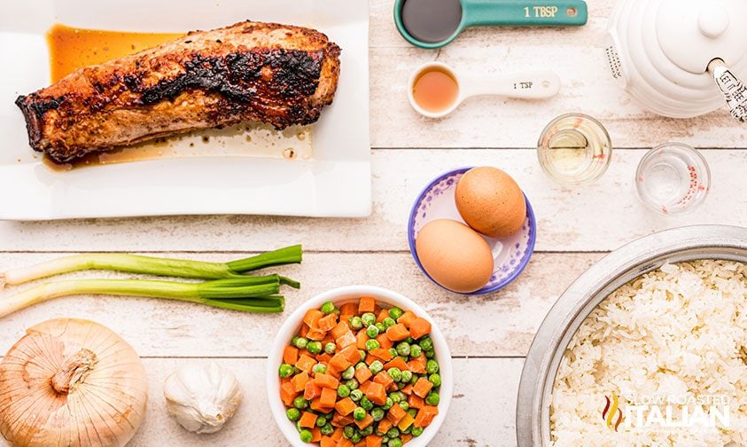 overhead: ingredients to make pork fried rice at home