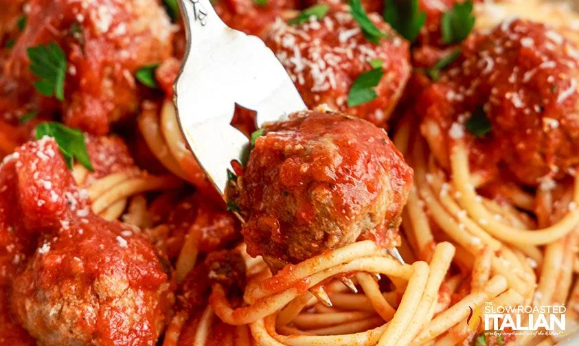 meatball on fork with spaghetti