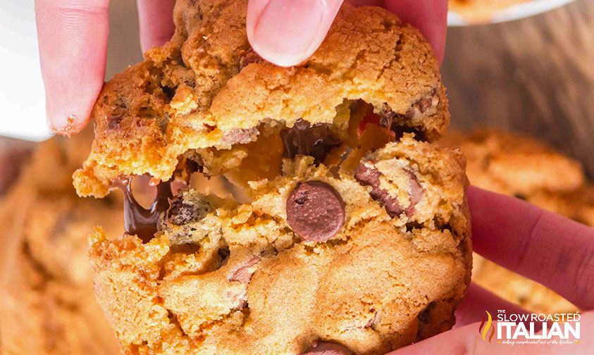 closeup of air fryer chocolate chip cookie