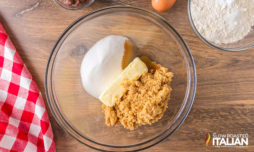 butter, brown sugar and granulated sugar in mixing bowl