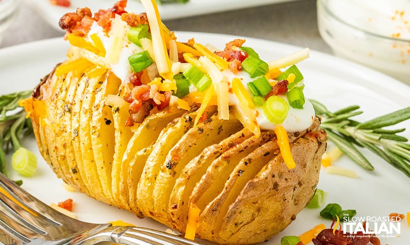 closeup of air fryer hasselback potato