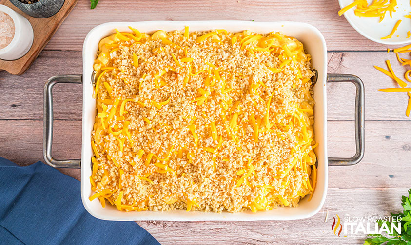 breadcrumb mixture added to mac and cheese