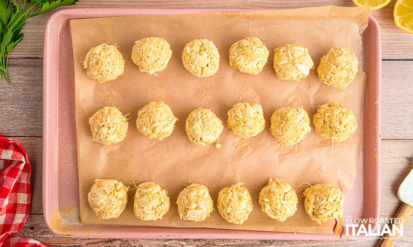 crab balls on a baking sheet