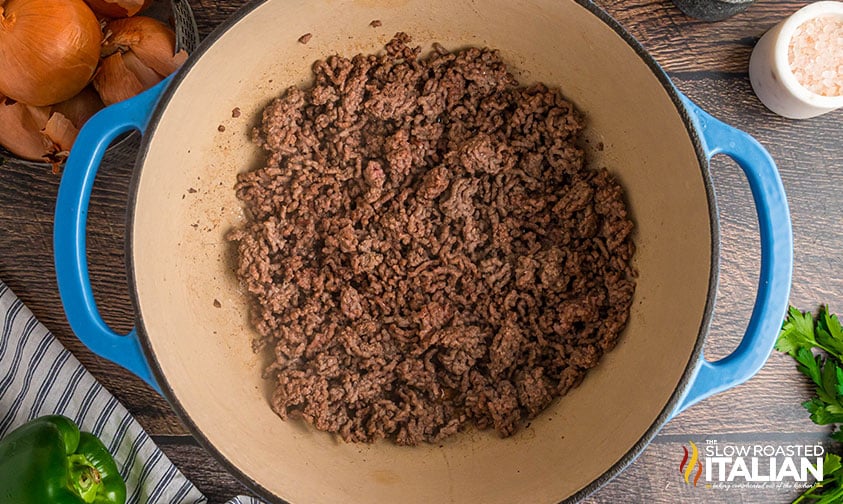 browned ground beef in a pot