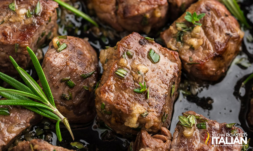 closeup of garlic butter steak bites