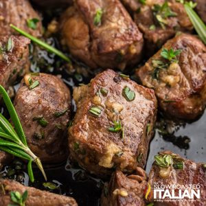 closeup of garlic butter steak bites