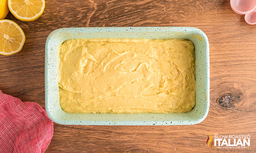 lemon loaf batter in baking pan