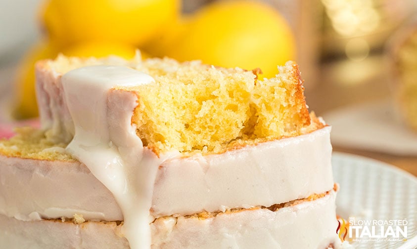closeup of starbucks lemon loaf with dripping glaze