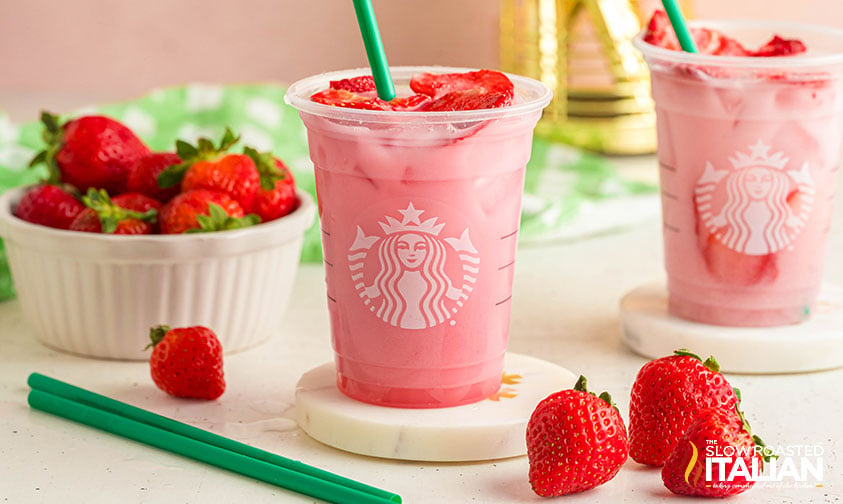 starbucks pink drink with fresh strawberries