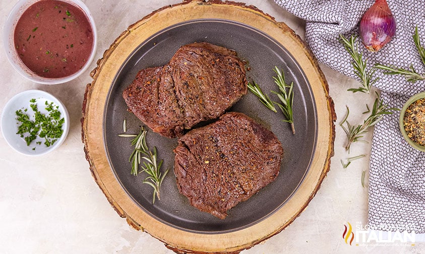 top view of pan seared steak on a plate