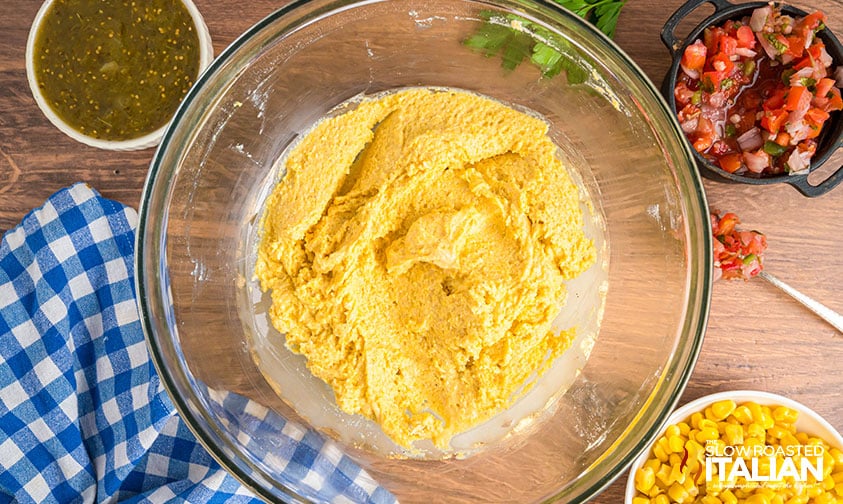 sweet corn cakes batter in mixing bowl