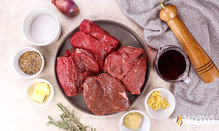 measured ingredients for sirloin steak in red wine sauce