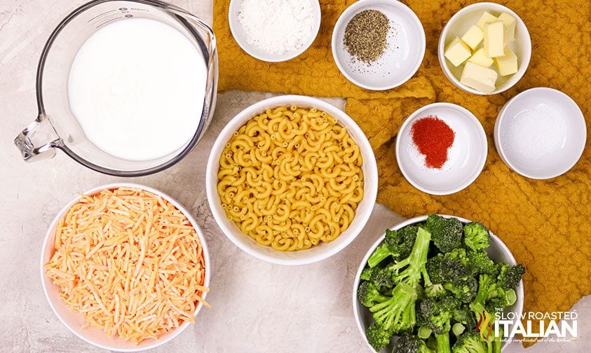 measured ingredients to make mac and cheese with frozen broccoli