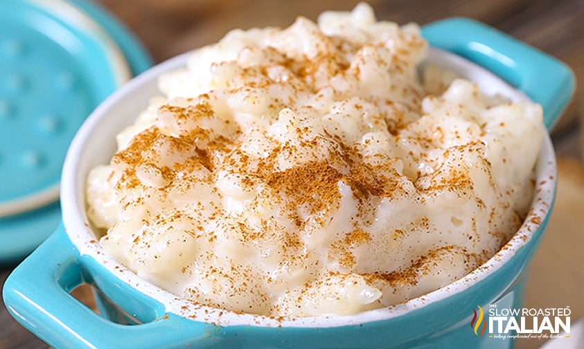 closeup of vanilla rice pudding sprinkled with cinnamon