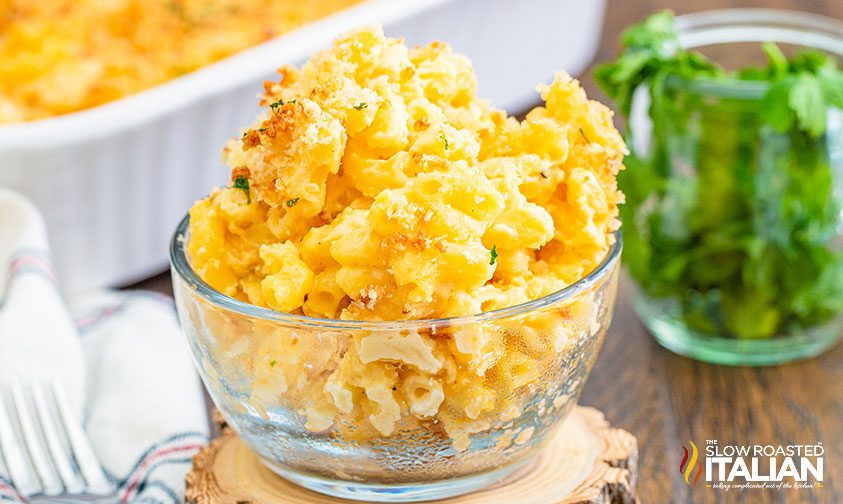 small glass bowl of baked macaroni and cheese