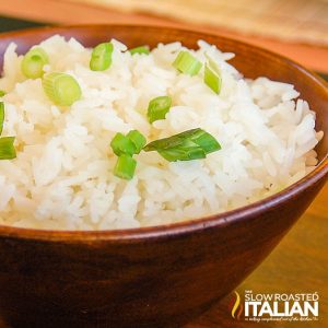 closeup of a bowl of scallion rice