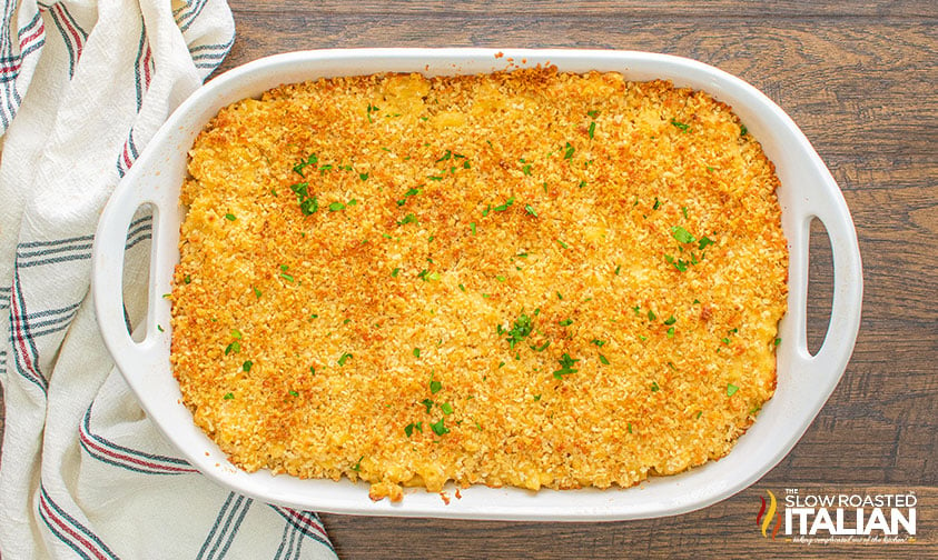 baked mac and cheese in a white baking dish