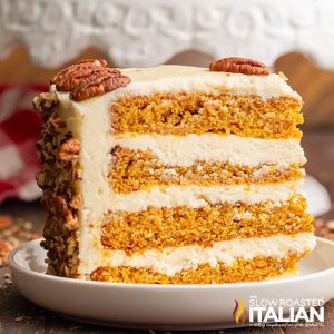 slice of old fashioned carrot cake on a white plate