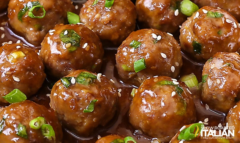 closeup of teriyaki meatballs